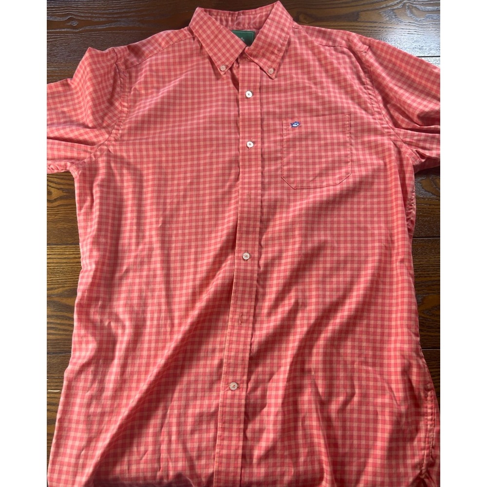 Southern Tide Shirt Mens Medium Coral Pink/Peach Plaid Button Down Dress Top L/S